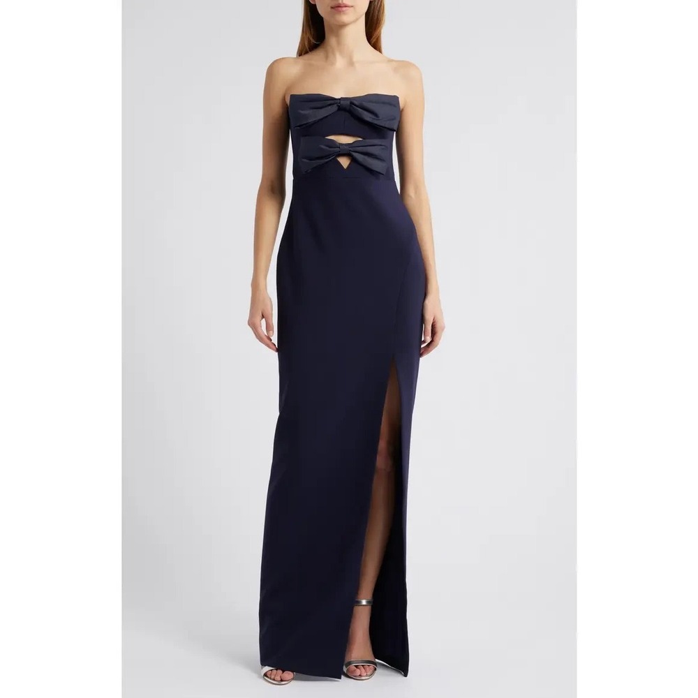 LIKELY Strapless Gown NWT 6 Navy Bows Column Maxi Dress Black Tie Formal Gala